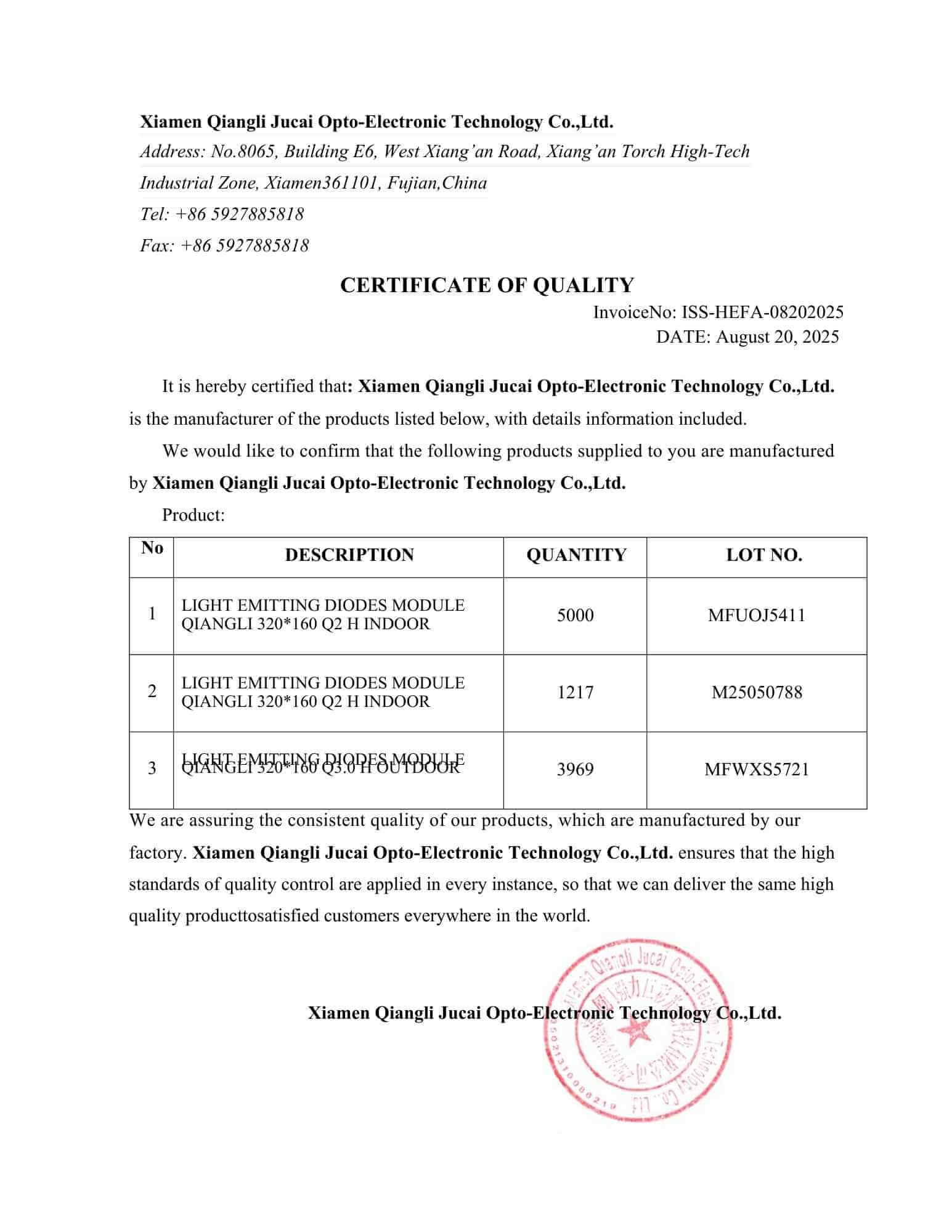 Hồ sơ CO CQ màn hình LED Qiangli cho module P2 Indoor tại kho Led Sun chứng minh nguồn gốc nhập khẩu chính ngạch