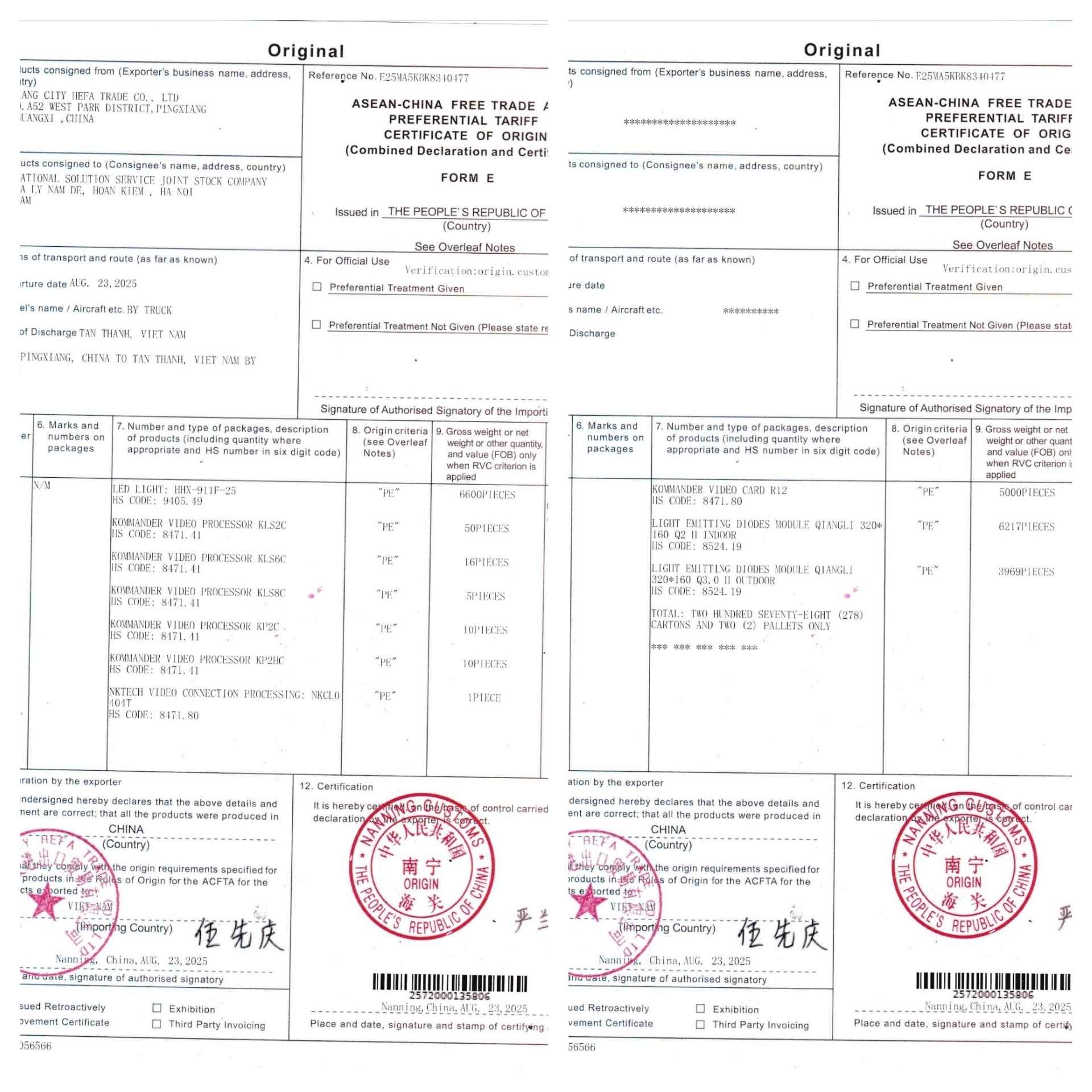 CO Form E trong bộ hồ sơ CO/CQ màn hình LED xác nhận xuất xứ bộ xử lý Kystar nhập khẩu